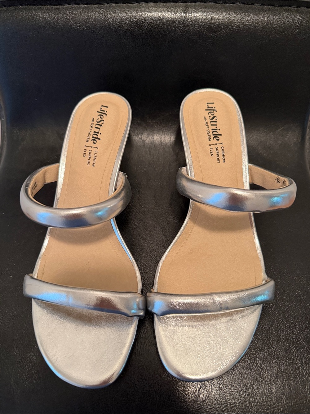 Life Stride Metallic Silver Double-Strap Slip-On Mules